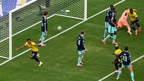Ecuador's Gonzalo Plata (19) celebrates his go-ahead goal during the World Cup Group E soccer match against Germany