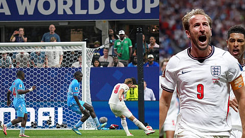 England's Harry Kane (9) scores his side's second goal during the World Cup round of 32 soccer match between England and Congo in Atlanta