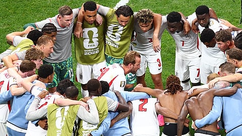England players huddles after the World Cup round of 32 soccer match between England and Congo in Atlanta