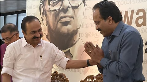 Former ISRO chairman S Somanath greets Chief Minister V D Satheesan