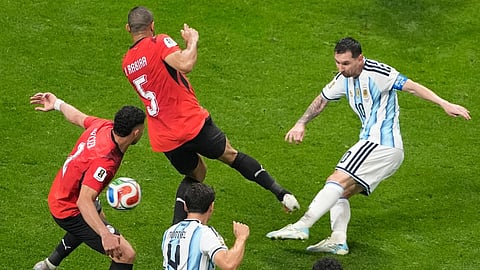Argentina's Lionel Messi (10) scores their second goal during the World Cup round of 16 soccer match between Argentina and Egypt