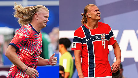 Norway's Erling Haaland comes on to the pitch for the warmup before the World Cup Group I soccer match between Norway and France