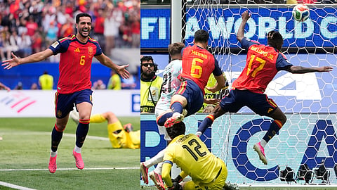 Spain's Mikel Merino (6) scores his side's second goal during the World Cup quarterfinal soccer match between Spain and Belgium