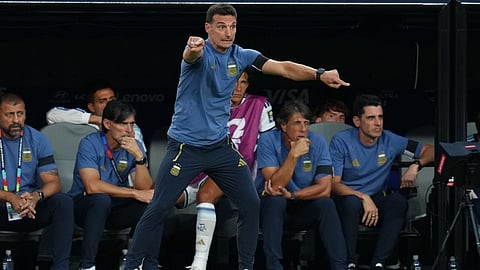 Argentina head coach Lionel Scaloni reacts during the World Cup quarterfinal soccer match between Argentina and Switzerland in Kansas City