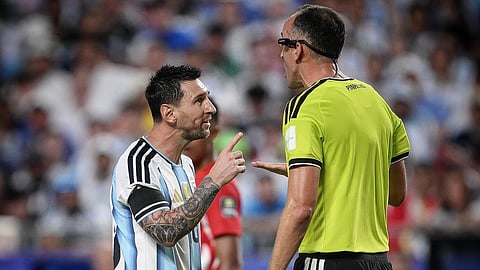 Lionel Messi involved in heated exchange with referee João Pinheiro