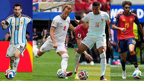 Lionel Messi, Harry Kane, Kylian Mbappe, Lamine Yamal in world cup match