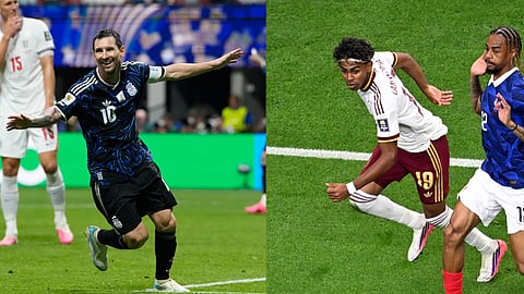 Spain's Lamine Yamal (19) looks to pass around France's Bradley Barcola, Argentina's Lionel Messi celebrates after Enzo Fernandez scored their side's first goal