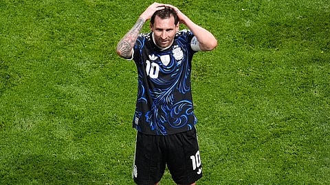 Argentina's Lionel Messi (10) celebrates after the World Cup semifinal soccer match between England and Argentina in Atlanta