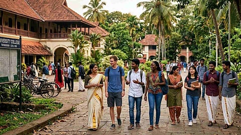 Foreign students walking in a Kerala campus along with Malayalee students.jpg