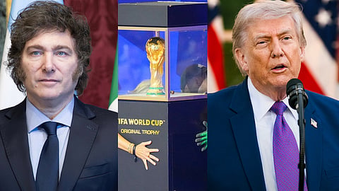 The FIFA World Cup Trophy is displayed during a news conference ahead of the World Cup final soccer match between Spain and Argentina