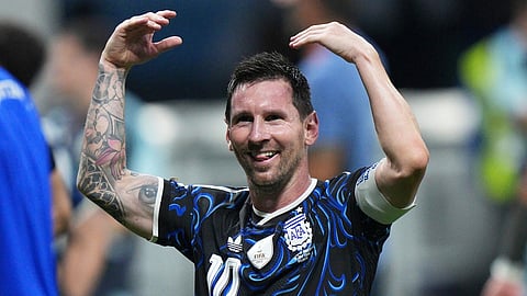 Argentina's Lionel Messi (10) reacts after their win in the World Cup semifinal soccer match between England and Argentina in Atlanta