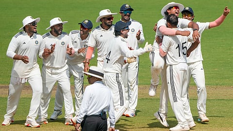 Chennai: East Zone's Mohammed Shami, 15, celebrates with teammates for the wicket of South Zone's Smaran Ravichandran on day 3 of the Duleep Trophy 2026-27 final cricket match