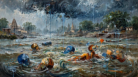 oil painting of a stormy river