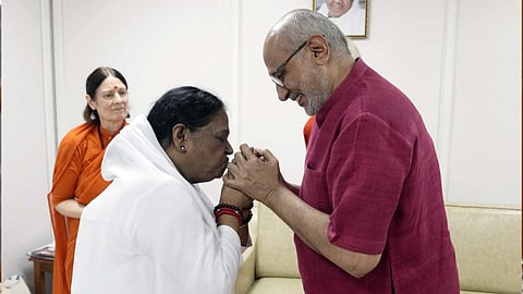Vice-President C P Radhakrishnan with Mata Amritanandamayi Devi t the Viswa Seva Day celebrations at Amritapuri