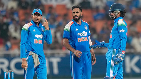 Mullanpur: India's captain Shubman Gill, Naman Dhir, K L Rahul interacts for the decision of a DRS for the wicket of West Indies' Sherfane Rutherford
