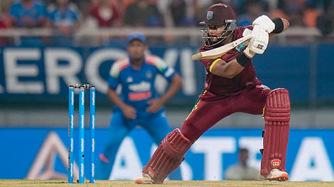 West Indies' Shai Hope plays a shot during the third and final One Day International (ODI) cricket match of a series between India and West Indies