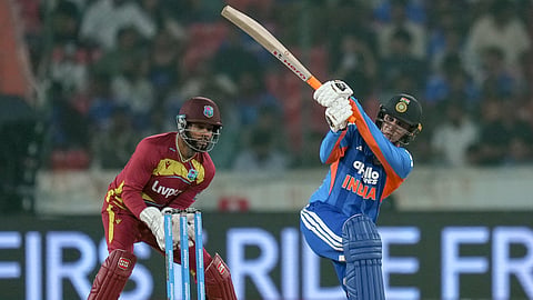 India's Abhishek Sharma plays a shot during the fourth T20I cricket match of a series between India and West Indies