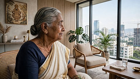 elederly woman looking out side of a flat