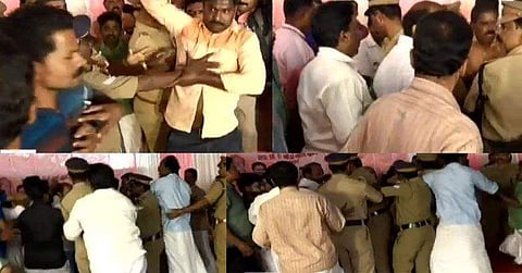 സ്കൂള് ചടങ്ങില് സിപിഎം- കോണ്ഗ്രസ് കൂട്ടത്തല്ല്; അന്തം വിട്ട് മന്ത്രിയും കുട്ടികളും