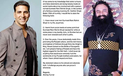 ഞാനെന്റെ ജീവിതത്തില് ഗുര്മീതിനെ കണ്ടിട്ടില്ല; വെളിപ്പെടുത്തി അക്ഷയ് കുമാര്