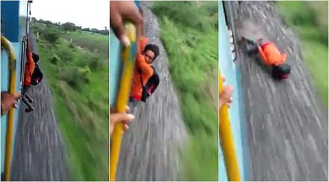 ഓടുന്ന ട്രെയിനിന്റെ ജനല്ക്കമ്പിയില് തൂങ്ങി: സാഹസം കാട്ടിയ യുവാവ് പിടിവിട്ട് താഴെവീണു