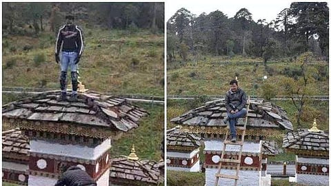 ഫോട്ടോയ്ക്ക് പോസ് ചെയ്യാന് ബുദ്ധസ്തൂപത്തില് ഏണിവെച്ച് കയറി: ഇന്ത്യന് ബൈക്കര് ഭൂട്ടാനില് പിടിയില്
