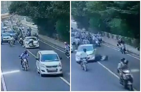 ട്രാഫിക് നിയമലംഘനം തടയാന് ശ്രമിച്ചു; പൊലീസുകാരനെ ഇടിച്ച് കാറിന്റെ ബോണറ്റില് കയറ്റി പാഞ്ഞു, രക്ഷപ്പെട്ടത് തലനാരിഴയ്ക്ക് (വീഡിയോ)