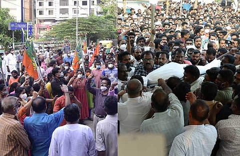 കൊലപാതകത്തില് പ്രതിഷേധിച്ച് ബിജെപി നടത്തിയ പ്രകടനം, എസ്ഡിപിഐ നേതാവ് ഷാനിന് അന്ത്യാഞ്ജലി അര്പ്പിക്കുന്നവര്/എക്സ്പ്രസ്