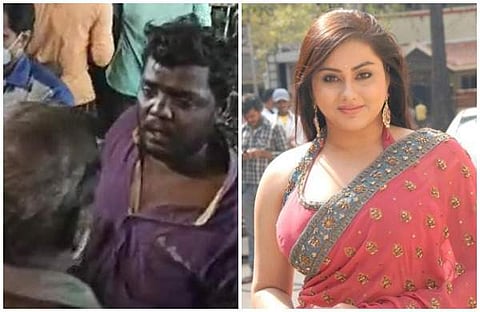 ബിജെപി പ്രവര്ത്തകര് യുവാവിനെ തടഞ്ഞു വച്ചിരിക്കുന്നതിന്റെ ചിത്രം, നമിത