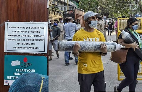 1. ഓക്സിജന് ക്ഷാമം മൂലം രോഗികളെ പ്രവേശിപ്പിക്കില്ലെന്ന ആശുപത്രിയുടെ അറിയിപ്പ്/ട്വിറ്റര് 2. ആശുപത്രിയിലേക്ക് ഓക്സിജന് സിലിണ്ടറുമായി വരുന്നവര്/പിടിഐ