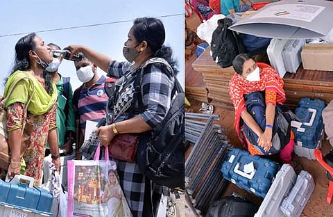 വിതരണ കേന്ദ്രങ്ങളില്നിന്ന് പോളിങ് സാമഗ്രികളുമായി പോവുന്ന വനിതാ ഉദ്യോഗസ്ഥര്/എക്സ്പ്രസ് ഫോട്ടോ