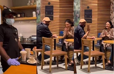 ജീവനക്കാരന്റെ ഡയലോഗു കേട്ട് ചിരിക്കുന്ന ജയറാമും പാർവതിയും/ വിഡിയോ സ്ക്രീൻഷോട്ട്