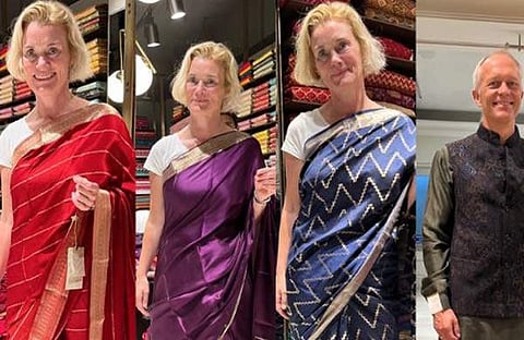 നോര്വീജിയന് അംബാസഡര് മെയ് എലിന് സ്റ്റെനറും ഭര്ത്താവും ഇന്ത്യന് വേഷത്തില്/ ഫോട്ടോ: എക്സ്