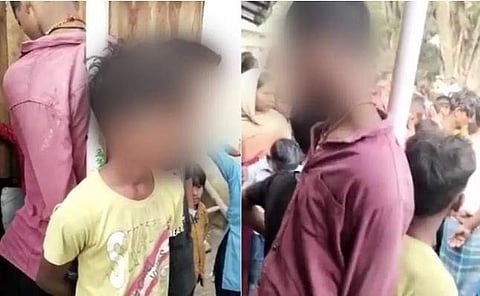 ബിസ്കറ്റ് മോഷ്ടിച്ചെന്നാരോപിച്ച് കുട്ടികളെ തൂണില് കെട്ടിയിട്ട് മര്ദിക്കുന്നതിന്റെ വീഡിയോ ദൃശ്യം