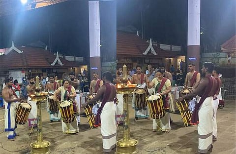 ചെണ്ട മേളത്തിനിടെ ഡോ.നന്ദിനി വർമ്മ/ ചിത്രം ഫെയ്സ്ബുക്ക്