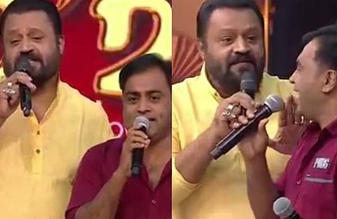 വേദിയിൽ സുധീർ പറവൂരിനൊപ്പം മിമിക്രി അവതരിപ്പിക്കുന്ന സുരേഷ് ഗോപി/ ഇൻസ്റ്റഗ്രാം