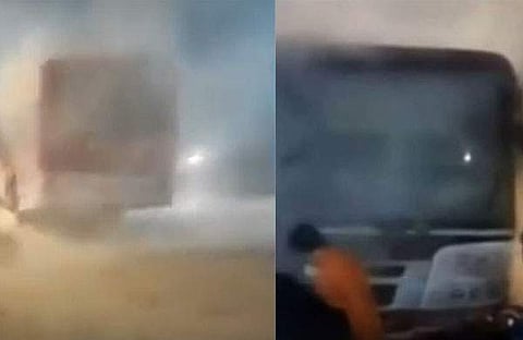 പമ്പയില് കെഎസ്ആര്ടിസി ബസിന് തീപിടിച്ചപ്പോള് /ടി വി ദൃശ്യം