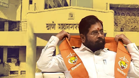 Leaders of Eknath Shinde-led Shiv Sena celebrate after securing dominance in the Thane Municipal Corporation ward committee chairman elections.