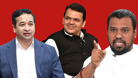 Nitesh Rane, CM Devendra Fadnavis and Jain Muni Nileshchandra