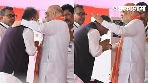 Union Home Minister Amit Shah interacting warmly with BJP leader Mangal Pandey during Bihar cabinet swearing-in ceremony at Gandhi Maidan.