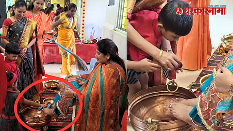 Students wash the feet of BJP corporator Varsha B. Sathe during a Guru Purnima programme at a Pune Municipal Corporation school, triggering widespread criticism and demands for an inquiry.