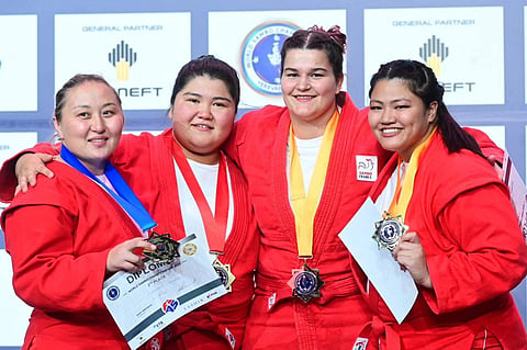 MEDALISTS. Davao City’s Sydney Sy Tancontian poses with the other medalists of the women’s +80kg event pose during the awarding ceremonies of the World Sambo Championships 2023 in Yerevan, Armenia on November 12, 2023. Tancontian, right, secures a bronze.