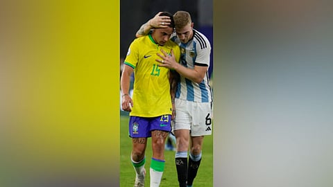 LOSS. Argentina’s Nicolas Valentini, right, conforts Brazil’s Bruno Gomes at the end of South America’s under-23 pre-Olympic tournament soccer match at Brigido Iriarte stadium in Caracas, Venezuela, Sunday, Feb. 11, 2024. Argentina won the game 1-0.