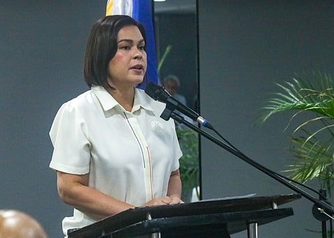 Vice President and Education Secretary Sara Duterte delivers her speech during the Joint Regional Task Force to End Local Communist Armed Conflict (Elcac)-Davao Region Meeting at the Apo View Hotel in Davao City on Wednesday, February 28.