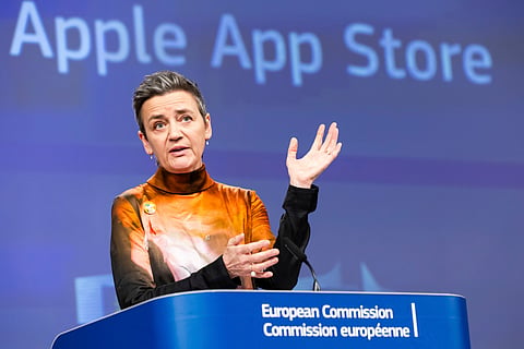 EU Commission vice president Margrethe Vestager addresses the media on Apple Music streaming services at EU headquarters in Brussels, Monday, March 4, 2024. Vestager addressed the media after the 27-nation bloc slapped a massive 1.8 billion fine on Apple for allegedly abusing its dominant position when it comes to music streaming services.