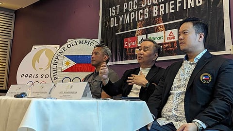 BRIEFING. Philippine Olympic Committee (POC) president Abraham “Bambol” Tolentino, center, leads the First POC Journey to Olympic Briefing at the Milky Way Restaurant in Makati City on Friday, April 12.