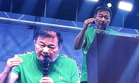 Former House Speaker and current Davao del Norte First District Representative Pantaleon Alvarez speaks during the Maisug prayer rally at the Davao del Norte Sports Complex on Sunday evening, April 14.