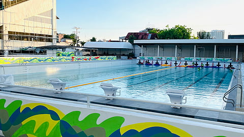 READY AT LAST. Nearly a year after the Cebu City Sports Center was closed in May 2023 for the renovation of its swimming pools and rubberized oval track, Cebu City Sports Commission Chairman John Pages announced Thursday, April 25, 2024, that the center’s pools would reopen next week in time for the Central Visayas Regional Athletic Association or CVIRAA sports meet. The pool above sports international-standard starting blocks and anti-wave lane lines. / JOHN PAGES FB PAGE