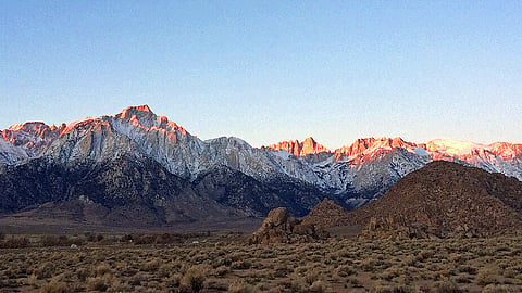 Seen is the eastern Sierra Nevada, with Mount Whitney, the largest of three pinnacles at center, near Lone Pine, Calif., December 21, 2016.