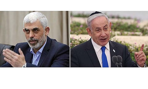 In this combination image, Hamas' leader in Gaza, Yahya Sinwar, speaks on April 13, 2022, in Gaza City, left, and Israeli Prime Minister Benjamin Netanyahu speaks on June 18, 2024, in Tel Aviv. Several officials in the Middle East and the U.S. believe the level of devastation in the Gaza Strip caused by a nine-month Israeli offensive likely has helped push Hamas to soften its demands for a cease-fire agreement.
